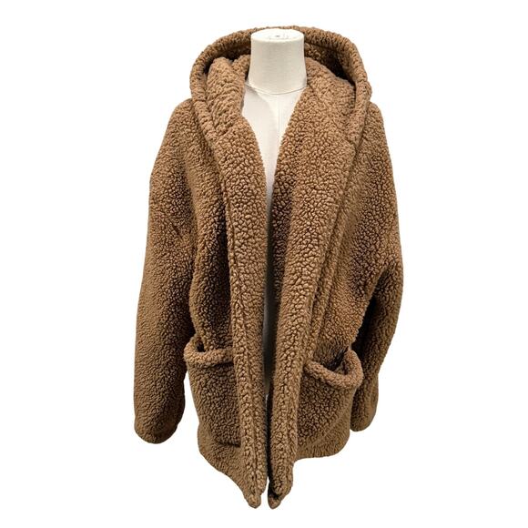 Hollister Teddy Sherpa Hoodie Jacket Brown Fleece Open Front Size L Cozy Fall - Picture 1 of 5